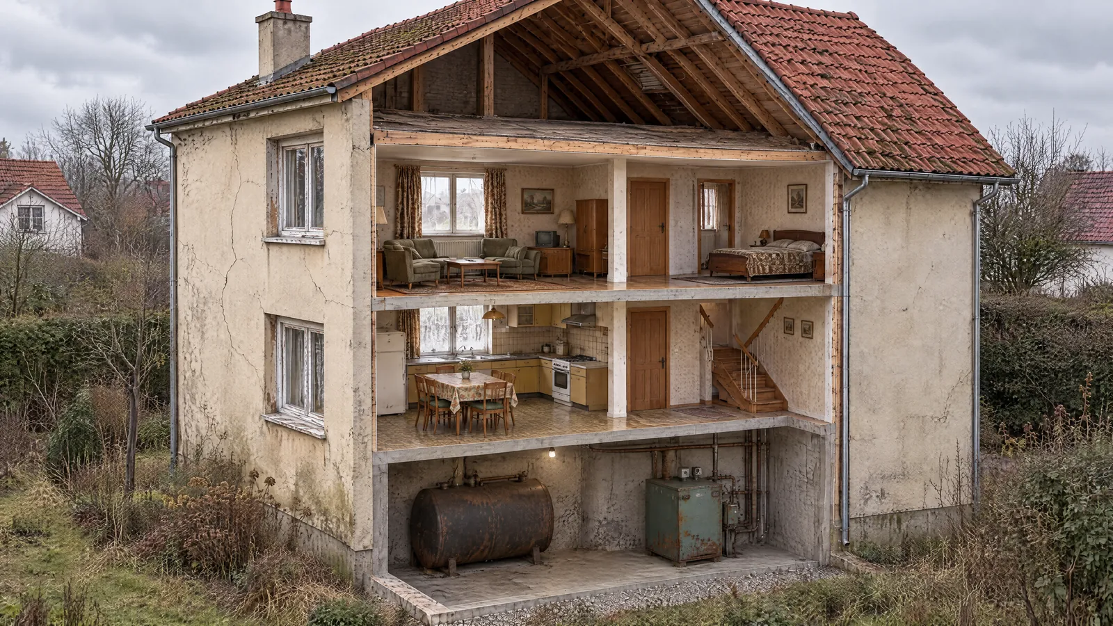 Maison avant rénovation : façade dégradée, chaudière fioul, simple vitrage, combles non isolés