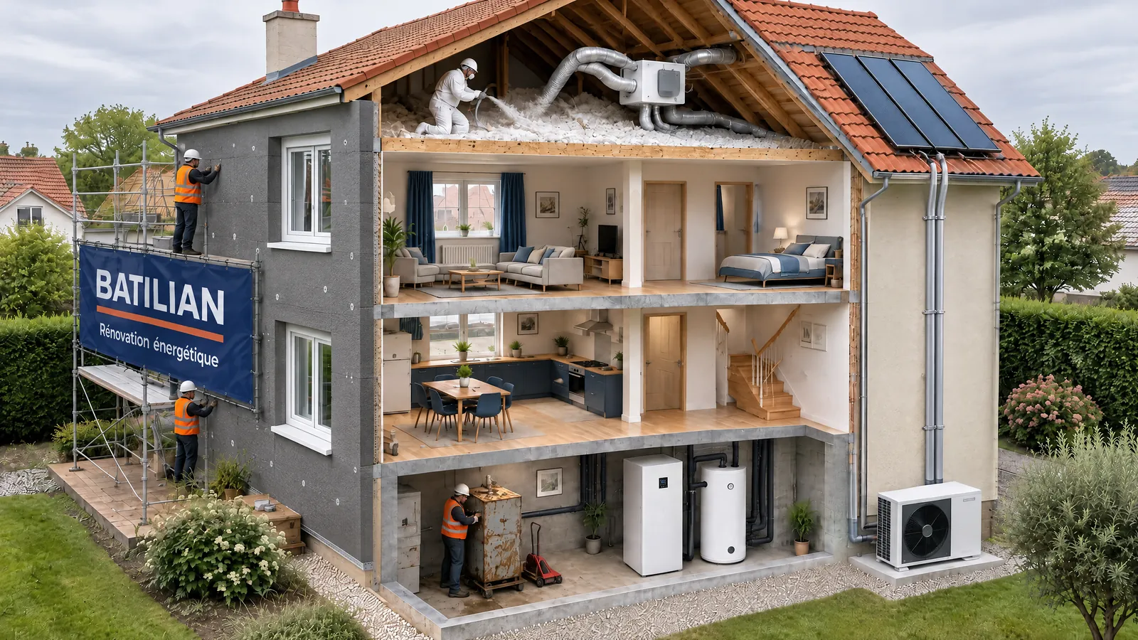 Maison individuelle en coupe pendant une rénovation énergétique complète : isolation extérieure, fenêtres, combles, ventilation, pompe à chaleur et solaire thermique
