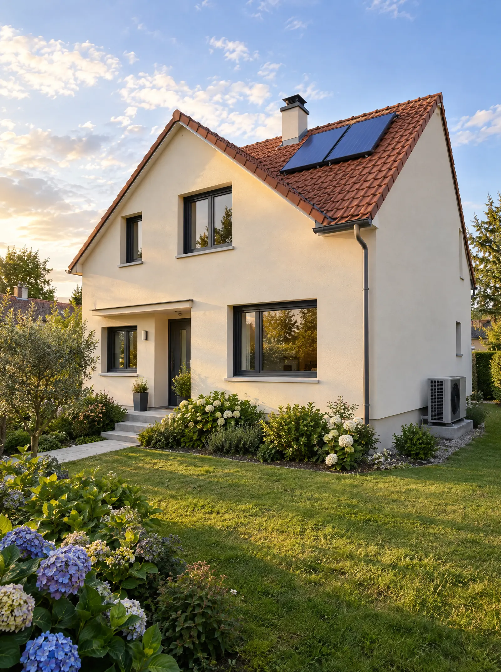 Maison individuelle rénovée : isolation extérieure, fenêtres neuves, pompe à chaleur et capteurs solaires
