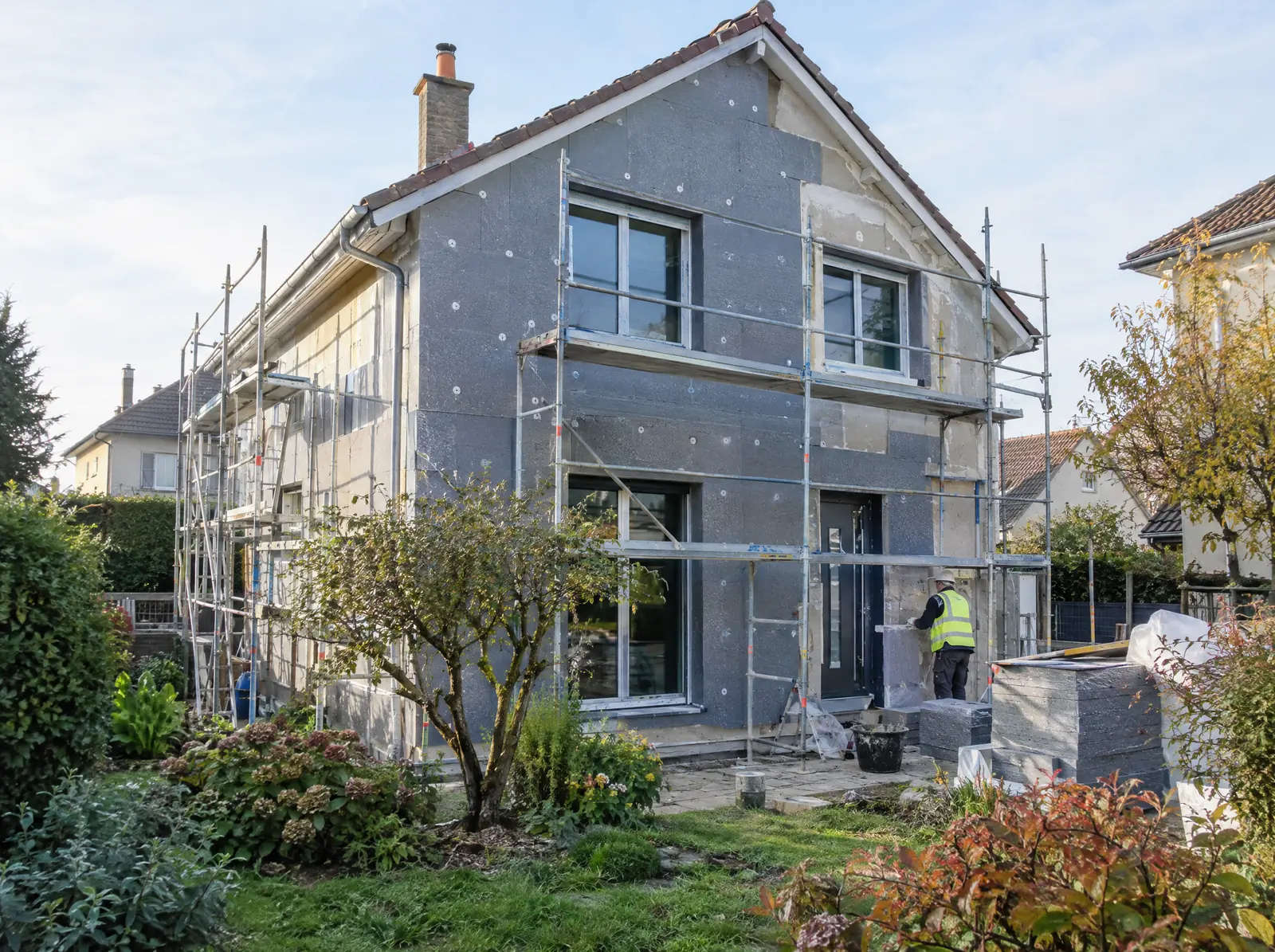 Maison individuelle en cours de rénovation d’ampleur : échafaudage et isolation de façade
