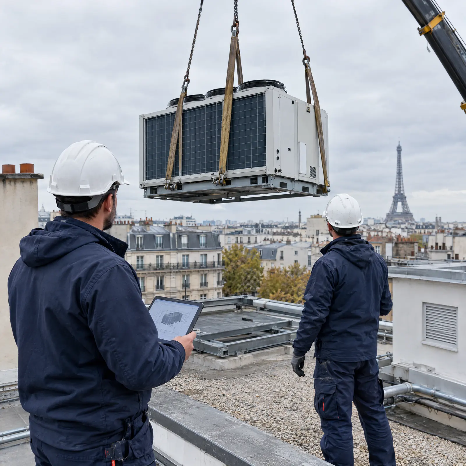 Équipe BATILIAN supervisant la pose d'une PAC collective