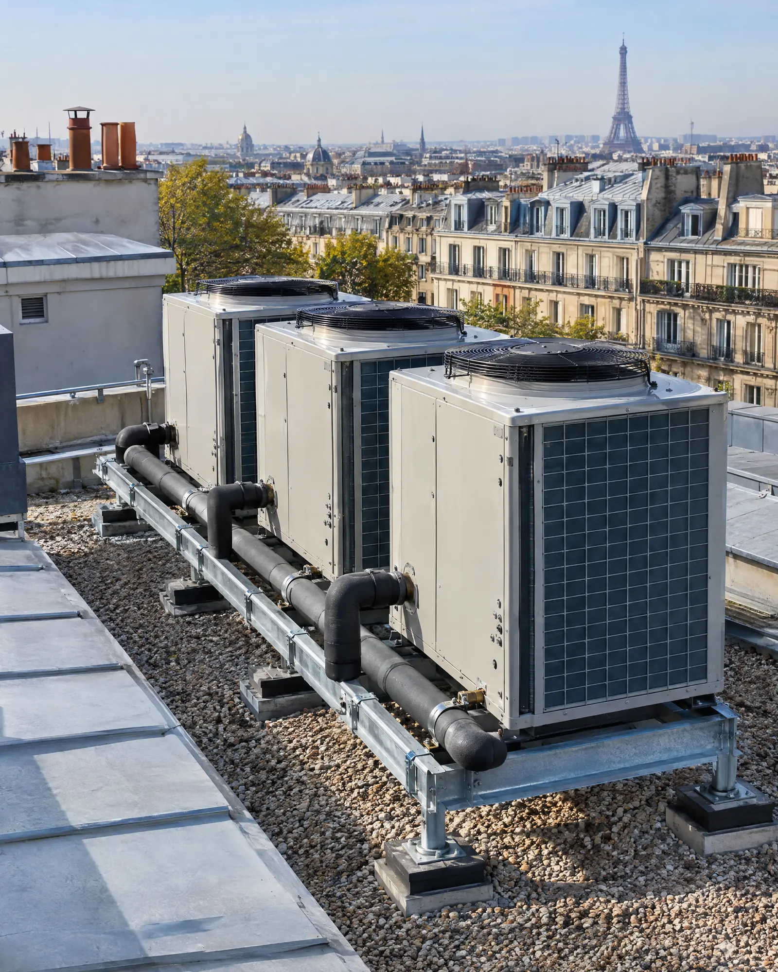 Pompe à chaleur collective installée en toiture d'une copropriété parisienne
