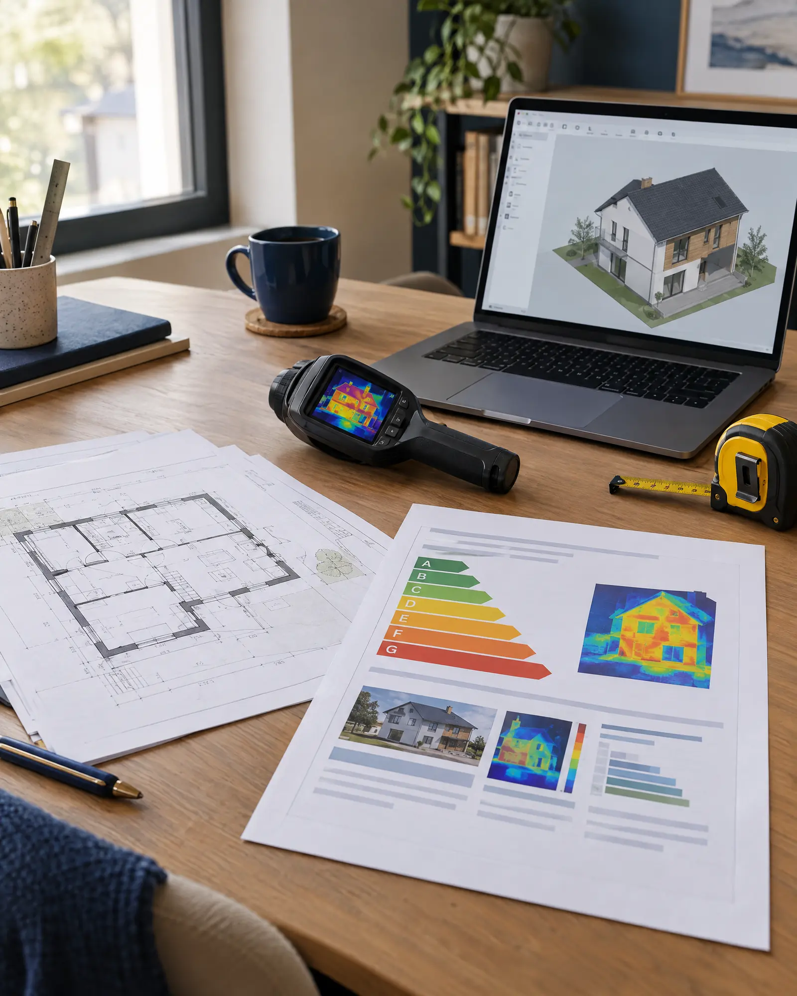 Étude thermique d’une maison : plans, rapport d’audit énergétique, caméra thermique et maquette 3D