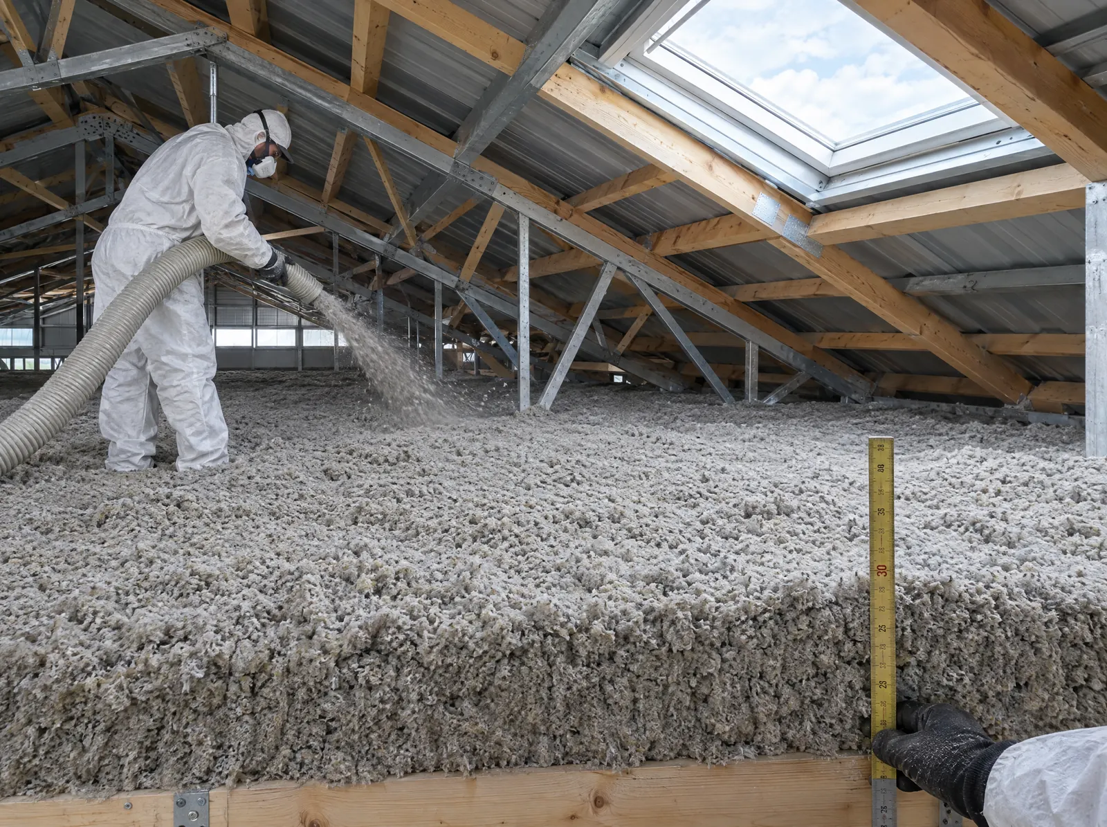 Soufflage d’isolant dans les combles d’un bâtiment tertiaire