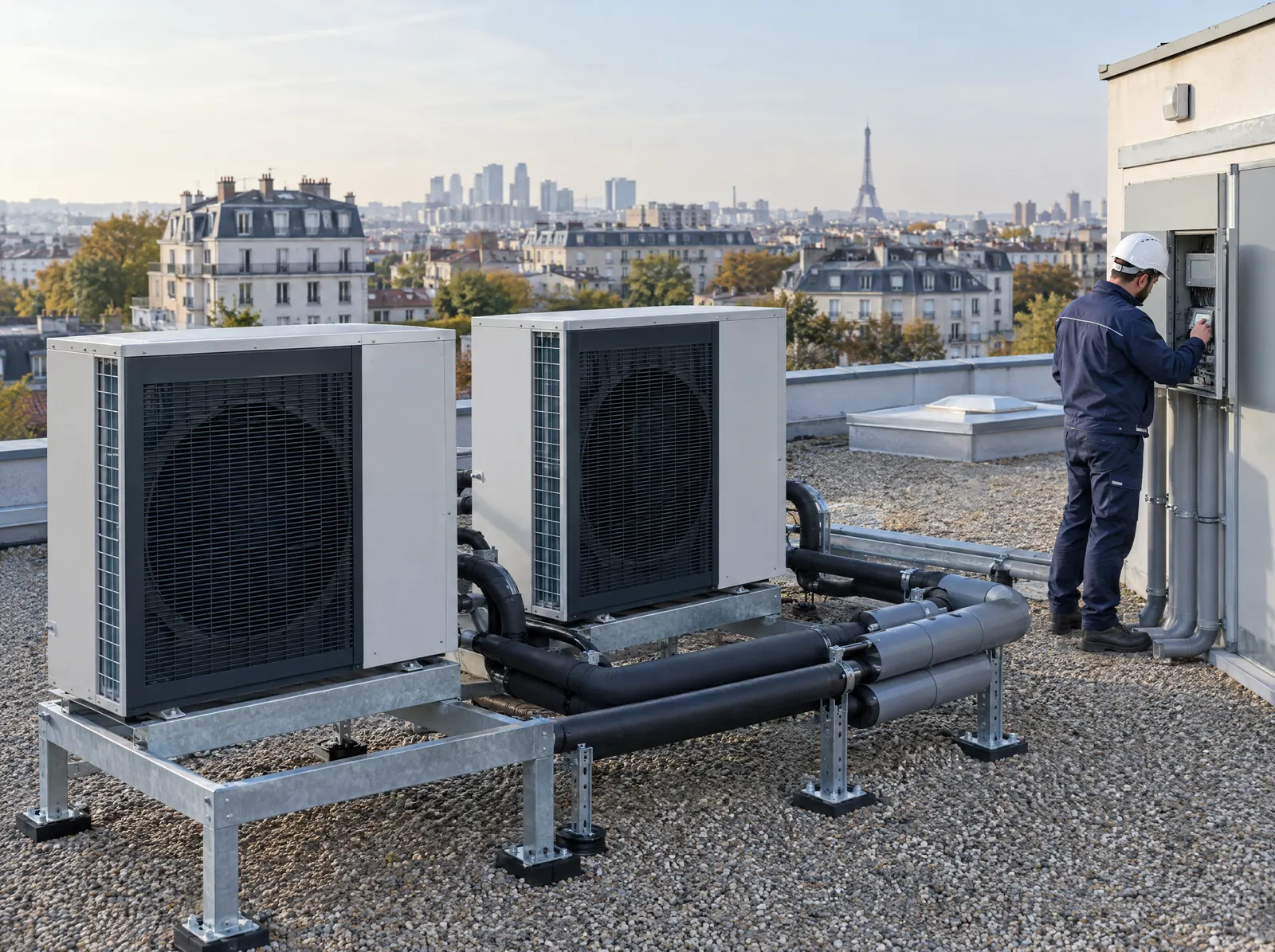 Pompes à chaleur air/eau installées sur la toiture d’un immeuble de bureaux