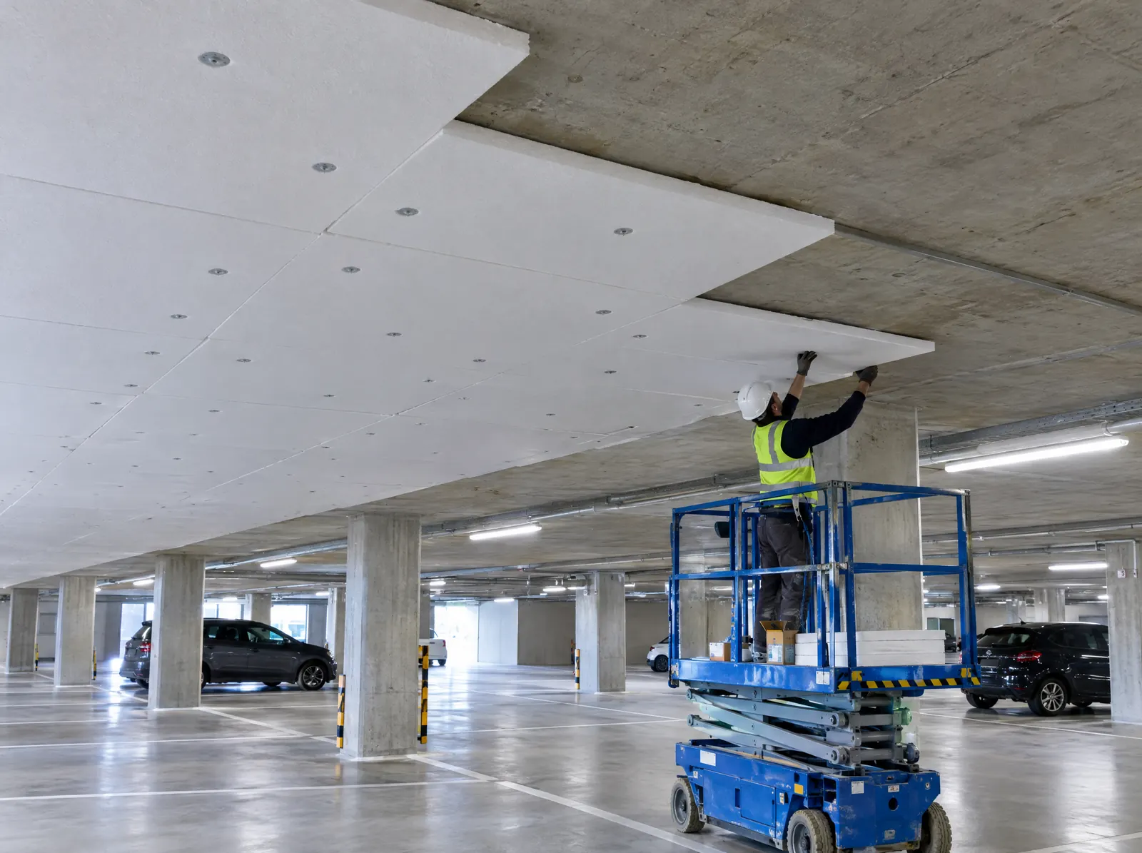 Pose de panneaux isolants en sous-face d’un parking