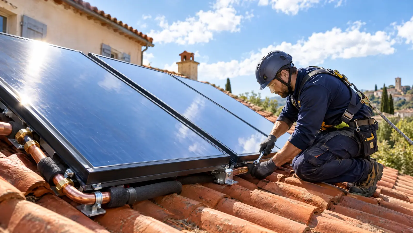 Capteurs solaires thermiques installés sur une toiture en tuiles