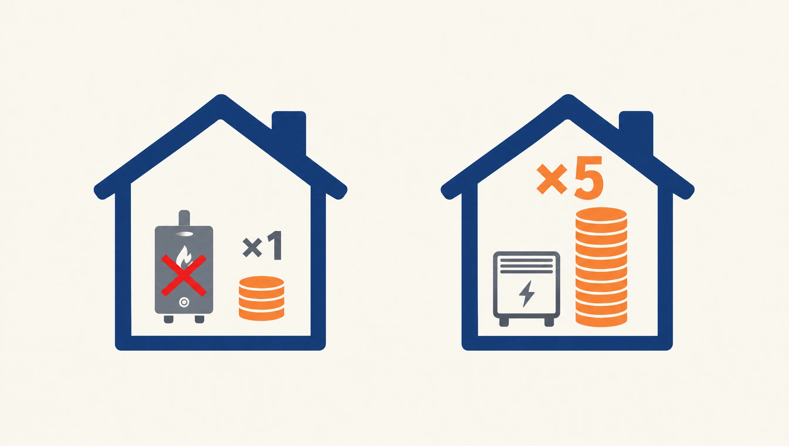 Infographie : avec chaudière gaz conservée la prime est ×1, avec appoint électrique la prime est ×5