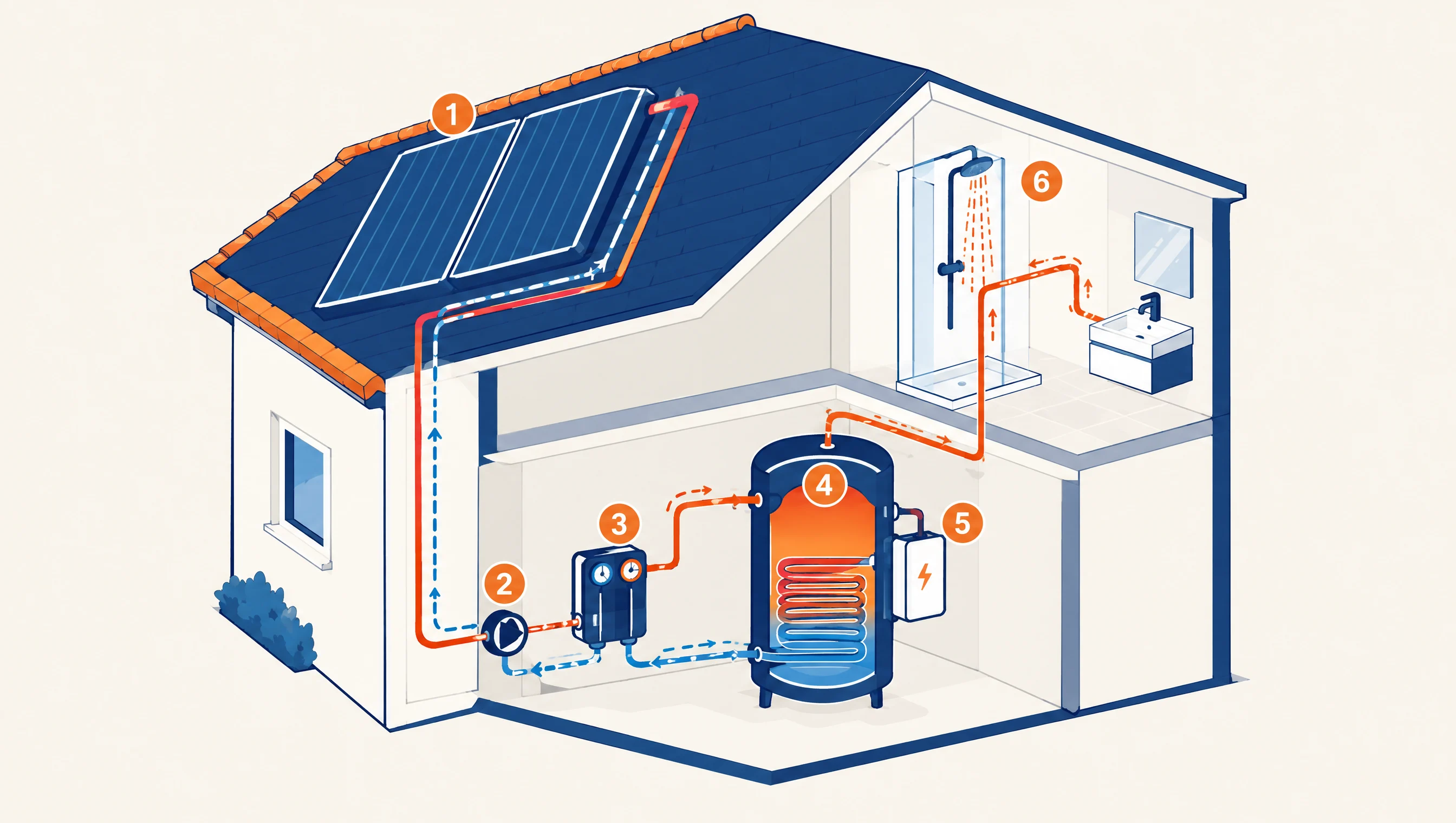 Schéma d’une installation solaire thermique : capteurs, circuit primaire, station solaire, ballon avec échangeur, appoint électrique, distribution d’eau chaude